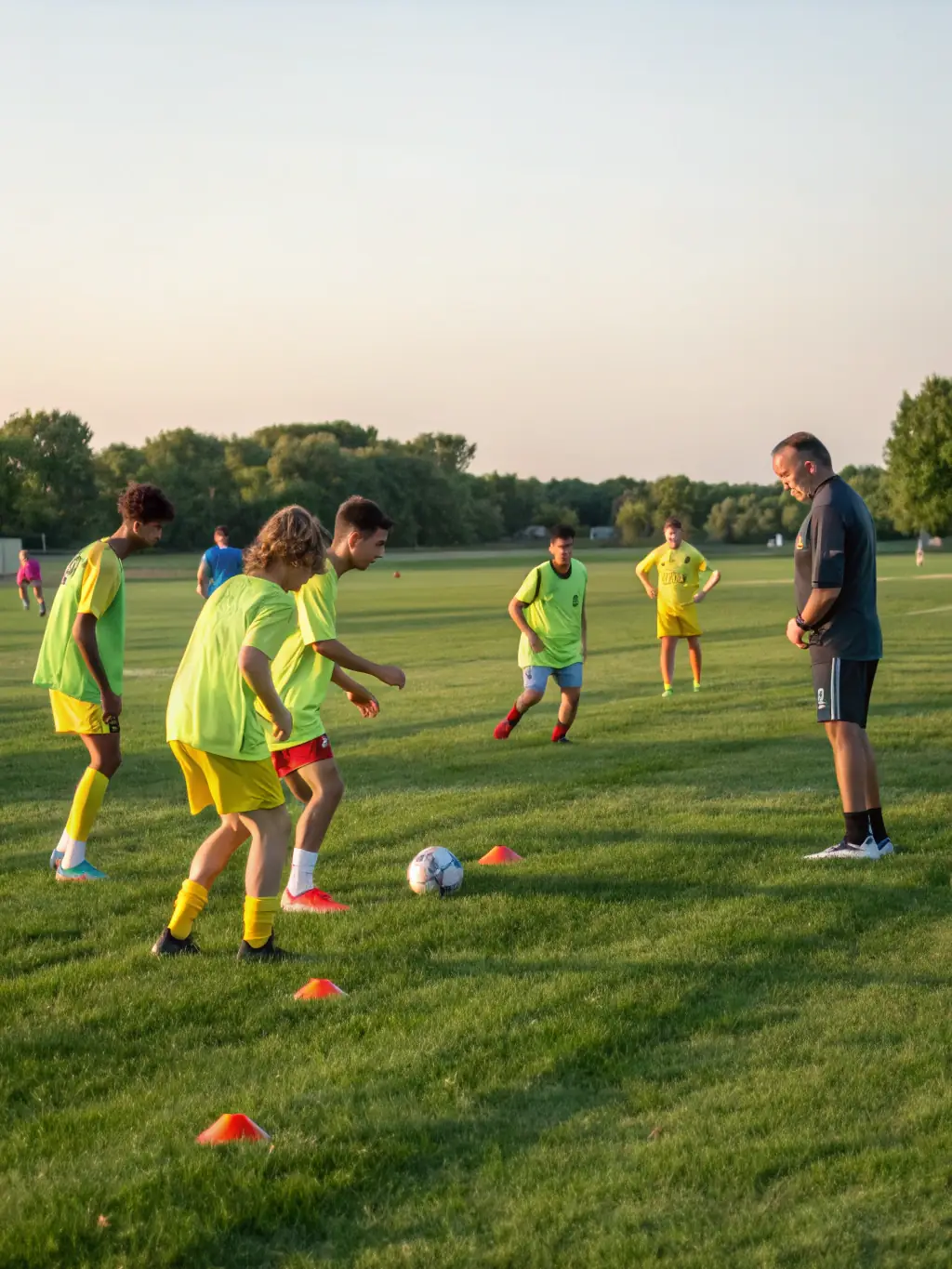 A group of young rugby players participating in a training session on a sunny field, focusing on passing drills, showcasing youth development.