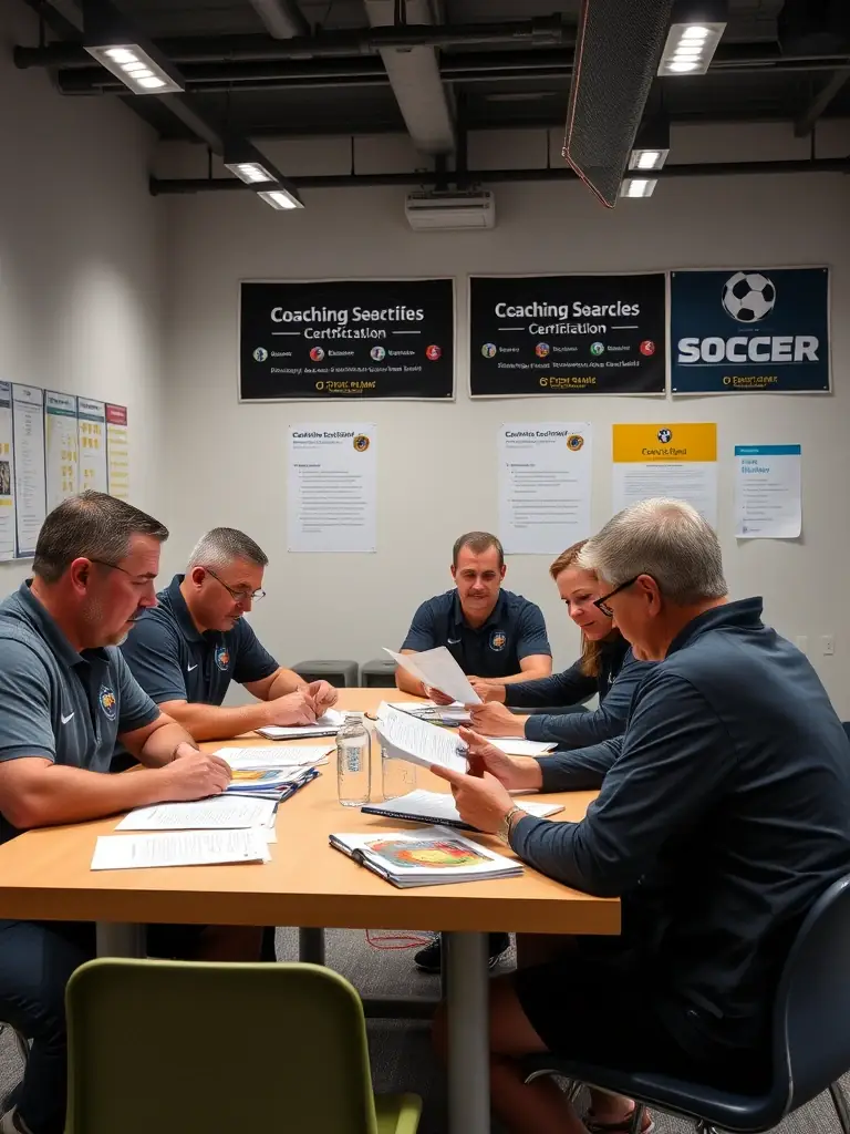 A diverse group of coaches attending a coaching certification workshop, with a focus on modern rugby techniques and safety protocols.