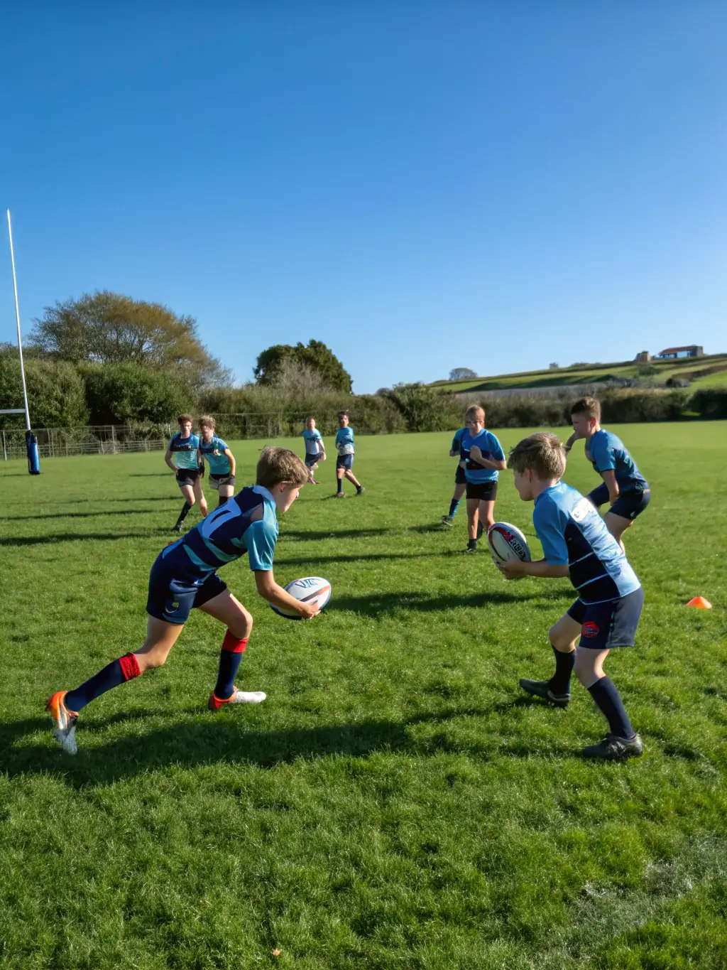 A vibrant image of young rugby players participating in a training session, showcasing teamwork and skill development.